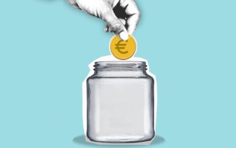 Decorative cardboard appliques of hand with euro coin above jar representing money saving process on blue background