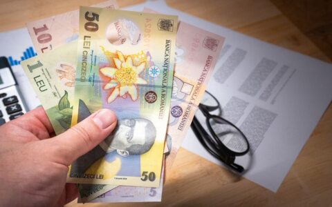 Hand holding Romanian leu banknotes above financial documents, depicting finance and economy.