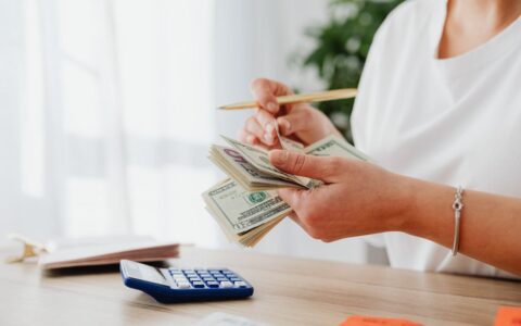 Close-up of a woman holding US dollars, calculating finances at home.